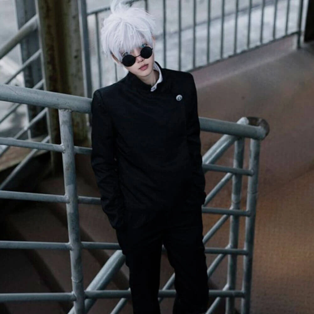 Satoru Gojo Costume Black JJK Halloween Cosplay Outfit With Glass Wig Blinder Full Set 1 Satoru Gojo Costume Black JJK Halloween Cosplay Outfit With Glass Wig Blinder Full Set