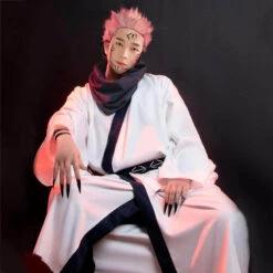Adult JJK Sukuna Outfit Ryomen Sukuna Costume White Kimono Scarf And Wig For Cosplay