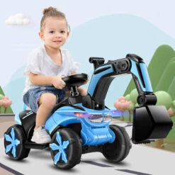 Kids Electric Ride-on Excavator Boys Gilrs Outdoor Digger Truck With Helmet, Power Digger And Light
