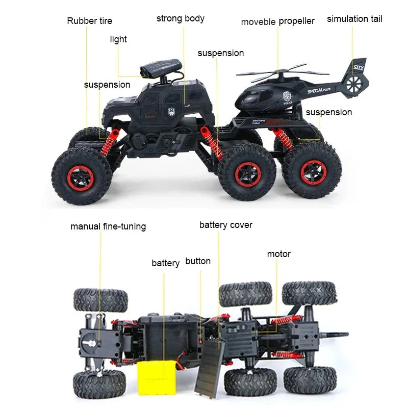 Six-wheel RC Off-road Truck 1/14 Electric Climbing Vehicle With Removable Helicopter For Kids 6 Six-wheel RC Off-road Truck 1/14 Electric Climbing Vehicle With Removable Helicopter For Kids - Image 6