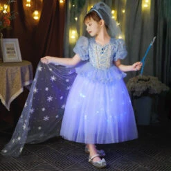 Kids Elsa Dress Light Up Princess Dress With Trailing Cape Ice Queen Glowing Elsa Costume