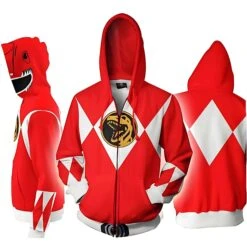 Adult Dino Ranger Costume Zip Up Hooded Sweatshirt Red Ranger Casual Hoodie For Daily Wear