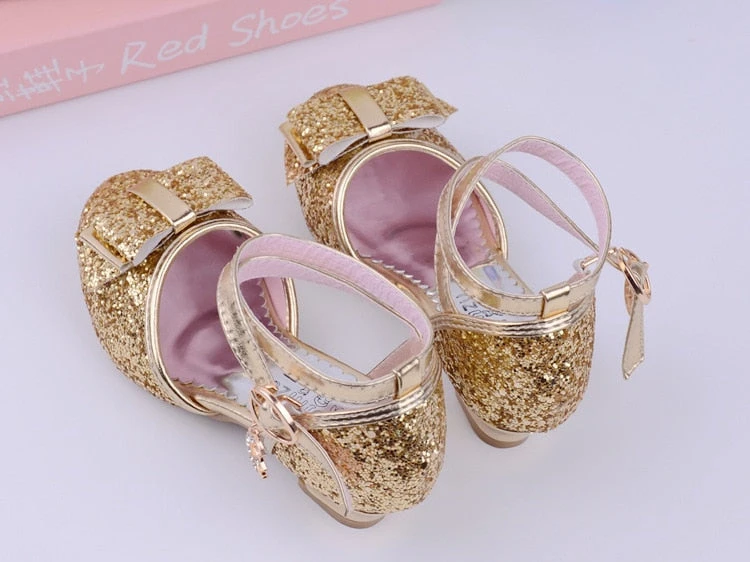 Girls Princess Glitter Bow Tie Shoes Mini Heels With Ankle Strap 3 Girls Princess Glitter Bow Tie Shoes Mini Heels With Ankle Strap - Image 3