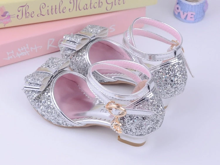 Girls Princess Glitter Bow Tie Shoes Mini Heels With Ankle Strap 7 Girls Princess Glitter Bow Tie Shoes Mini Heels With Ankle Strap - Image 7