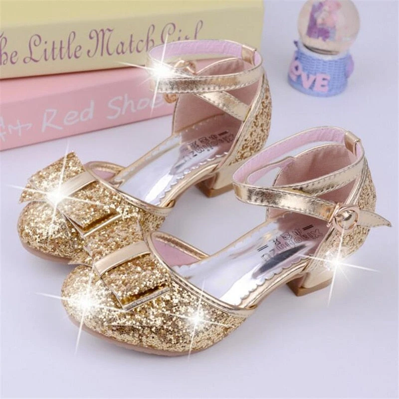 Girls Princess Glitter Bow Tie Shoes Mini Heels With Ankle Strap 1 Girls Princess Glitter Bow Tie Shoes Mini Heels With Ankle Strap