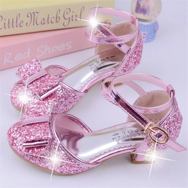 Girls Princess Glitter Bow Tie Shoes Mini Heels With Ankle Strap 5 Girls Princess Glitter Bow Tie Shoes Mini Heels With Ankle Strap - Image 5