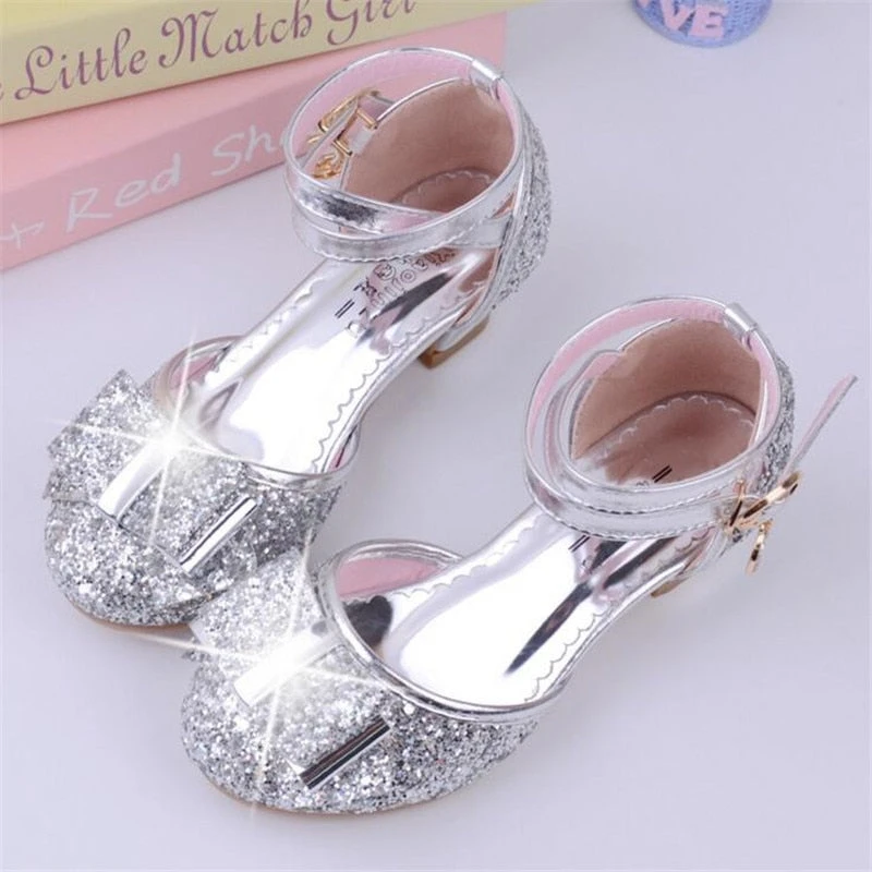 Girls Princess Glitter Bow Tie Shoes Mini Heels With Ankle Strap 6 Girls Princess Glitter Bow Tie Shoes Mini Heels With Ankle Strap - Image 6
