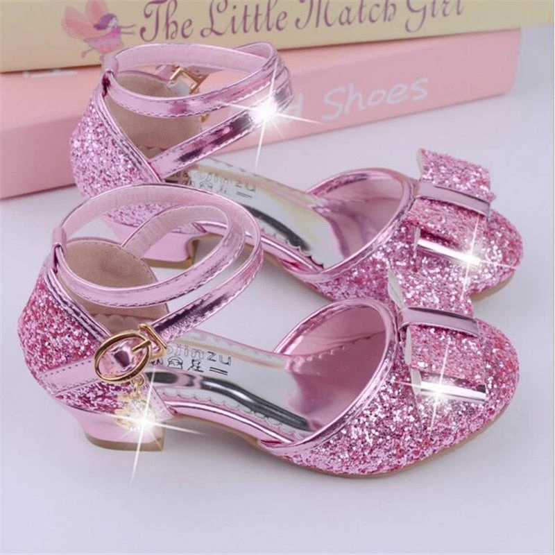 Girls Princess Glitter Bow Tie Shoes Mini Heels With Ankle Strap 4 Girls Princess Glitter Bow Tie Shoes Mini Heels With Ankle Strap - Image 4