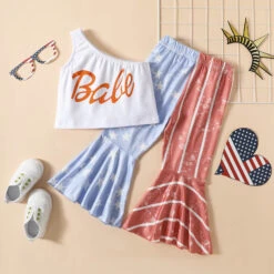 Toddler Baby Girl 4th Of July Outfit One Shoulder Tops Pants Set USA Independence Day American Flag Clothes