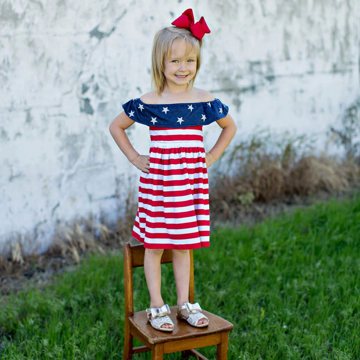 Toddler 4th Of July Dress Off-shoulder Ruffled American Flag Printed Outfit 2 Toddler 4th Of July Dress Off-shoulder Ruffled American Flag Printed Outfit - Image 2