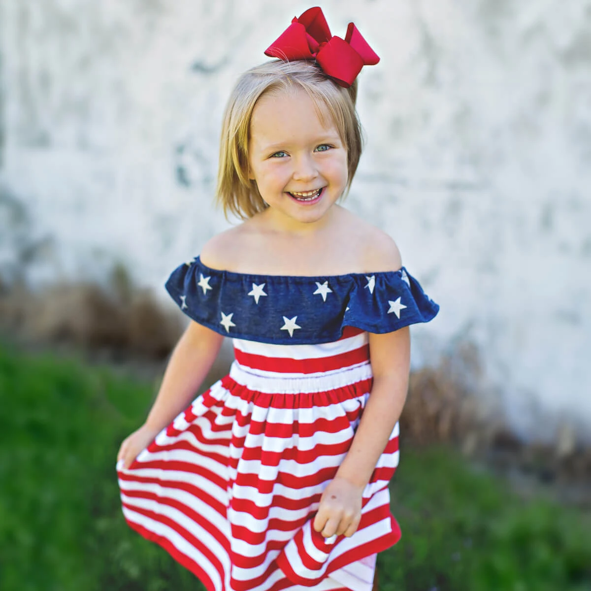 Toddler 4th Of July Dress Off-shoulder Ruffled American Flag Printed Outfit 1 Toddler 4th Of July Dress Off-shoulder Ruffled American Flag Printed Outfit
