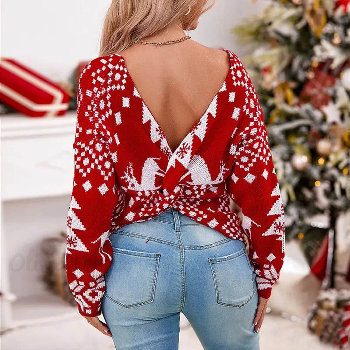 Women Christmas Sweater Criss Cross Backless Pullover Christmas Red Sweater With Long Sleeves 3 Women Christmas Sweater Criss Cross Backless Pullover Christmas Red Sweater With Long Sleeves - Image 3