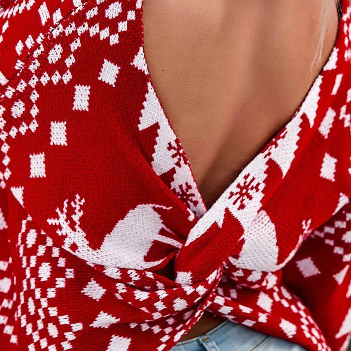Women Christmas Sweater Criss Cross Backless Pullover Christmas Red Sweater With Long Sleeves 4 Women Christmas Sweater Criss Cross Backless Pullover Christmas Red Sweater With Long Sleeves - Image 4